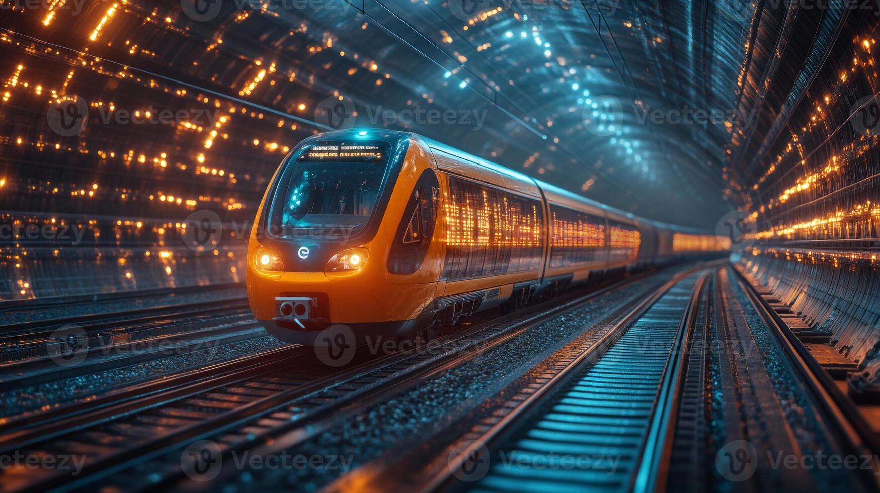 An autonomous train travels swiftly through a high tech tunnel illuminated by vibrant lights. photo