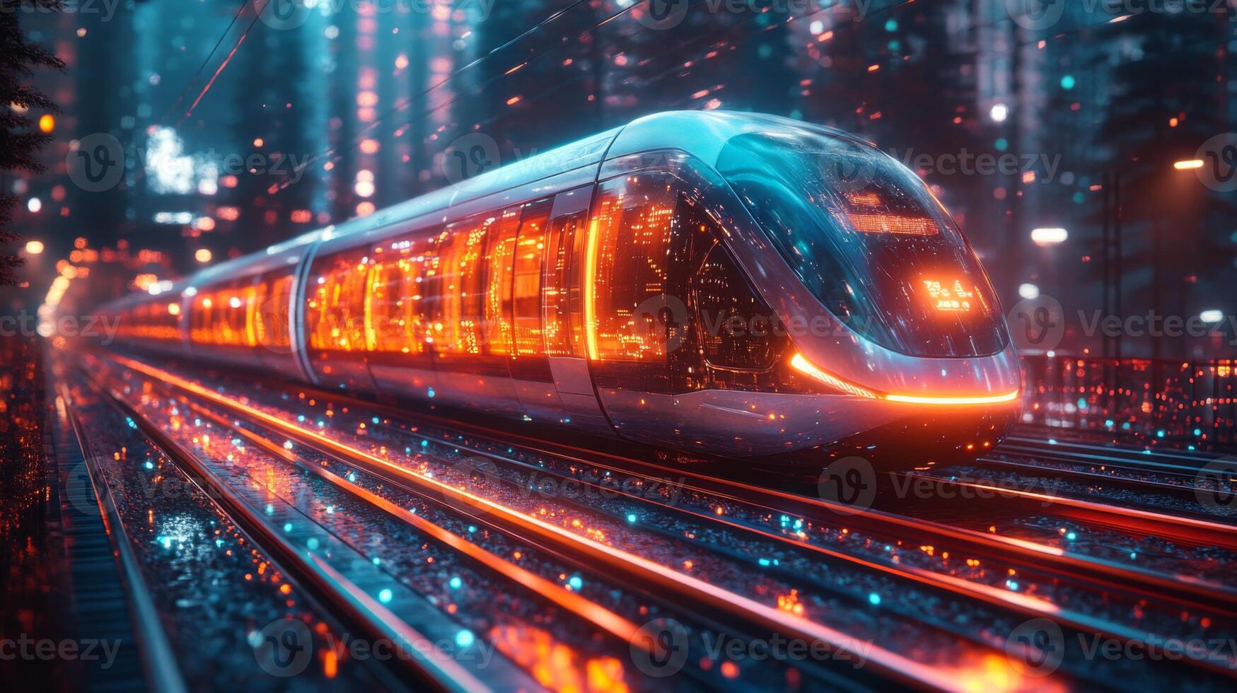 A sleek smart train operates on tracks illuminated by vibrant neon lights in a futuristic city landscape. The advanced technology enhances mobility and transportation efficiency. photo