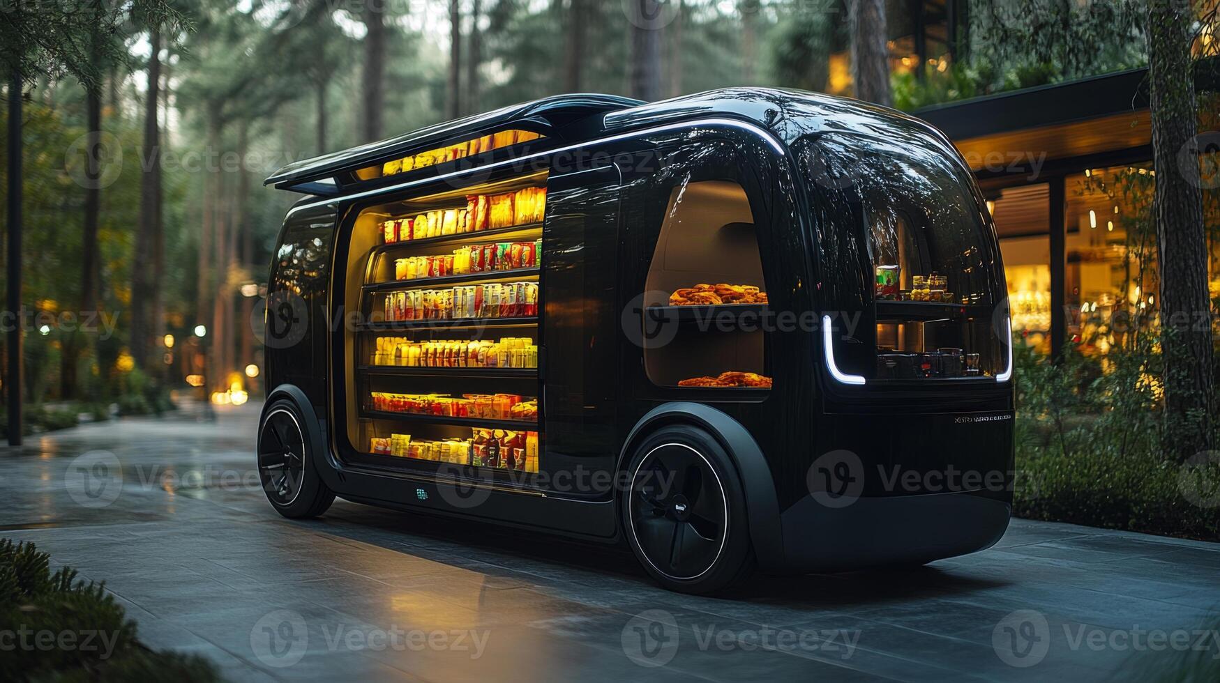 An autonomous delivery vehicle parked in an urban forest setting displays a variety of goods through its illuminated exterior. This innovative design enhances last mile logistics and transportation. photo