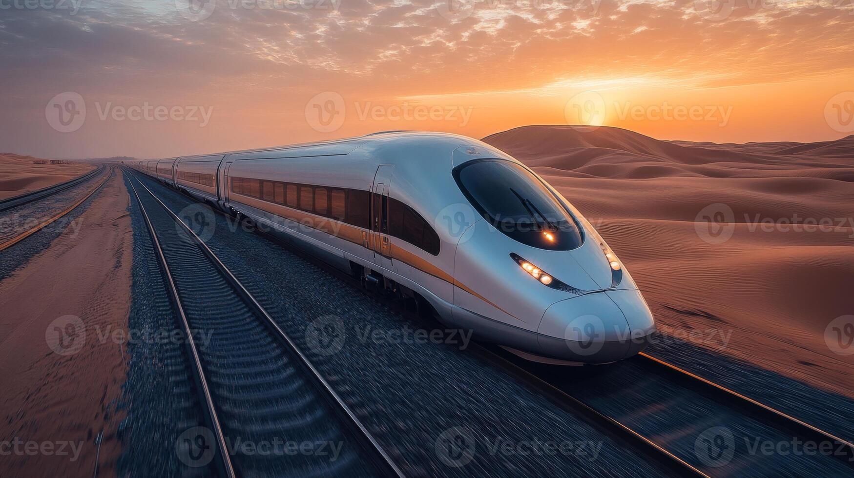 A smart train moves swiftly along railway tracks in a vast desert during sunset, highlighting innovations in logistics, automation, and mobility solutions. photo