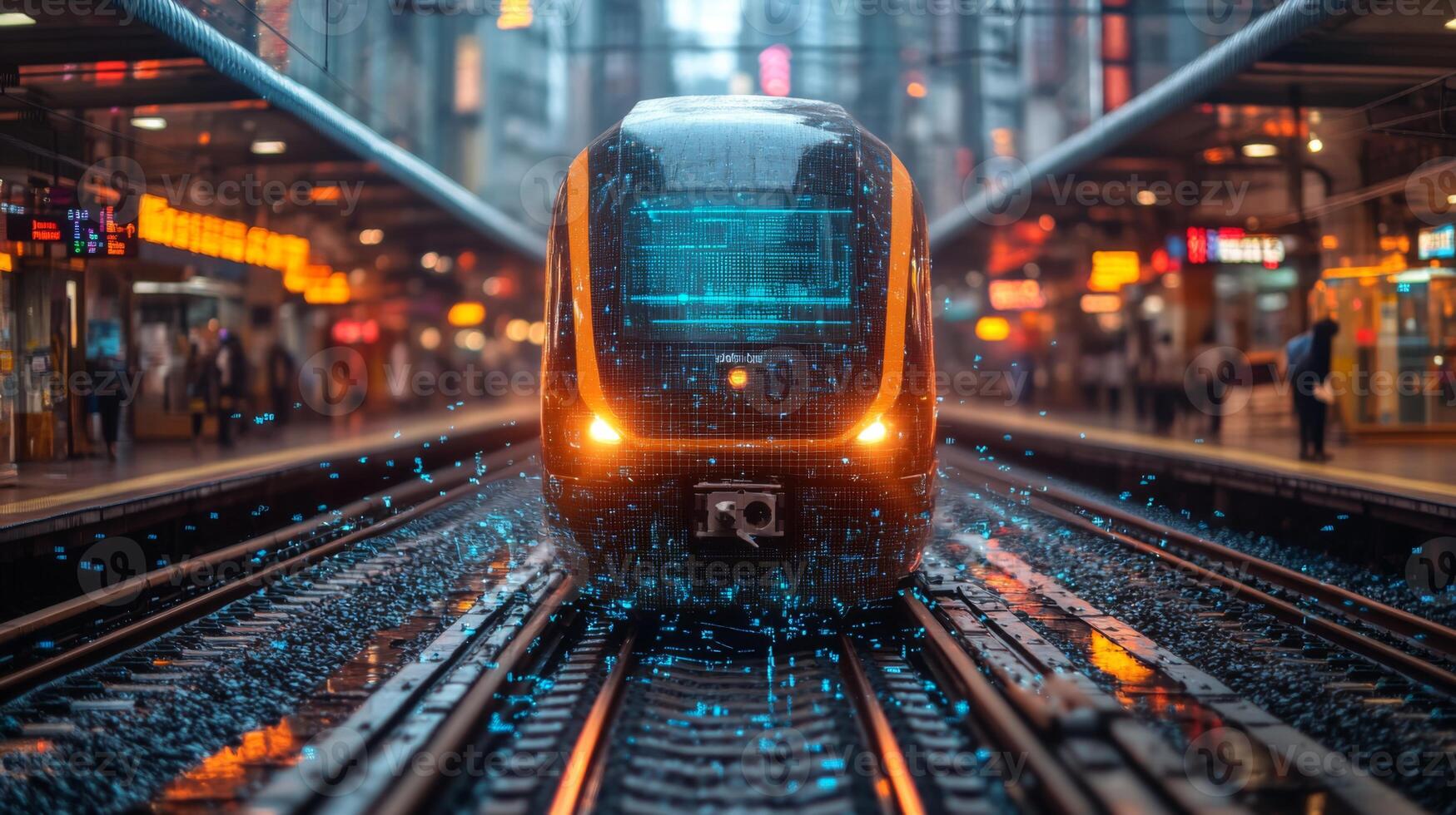 A modern smart train prepares for departure in a busy urban rail station, showcasing cutting edge automation and AI systems. photo