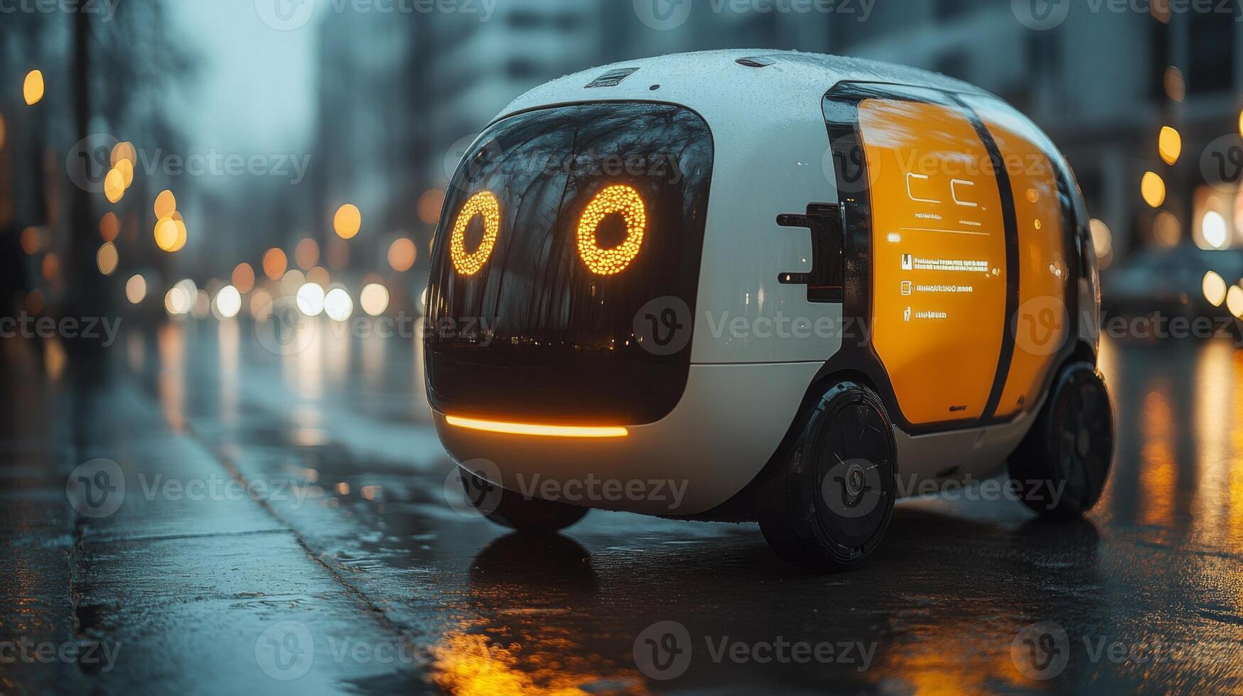 A robotic delivery vehicle moves through a bustling urban setting under rainy conditions, showcasing advancements in transportation technologies for efficient logistics solutions. photo