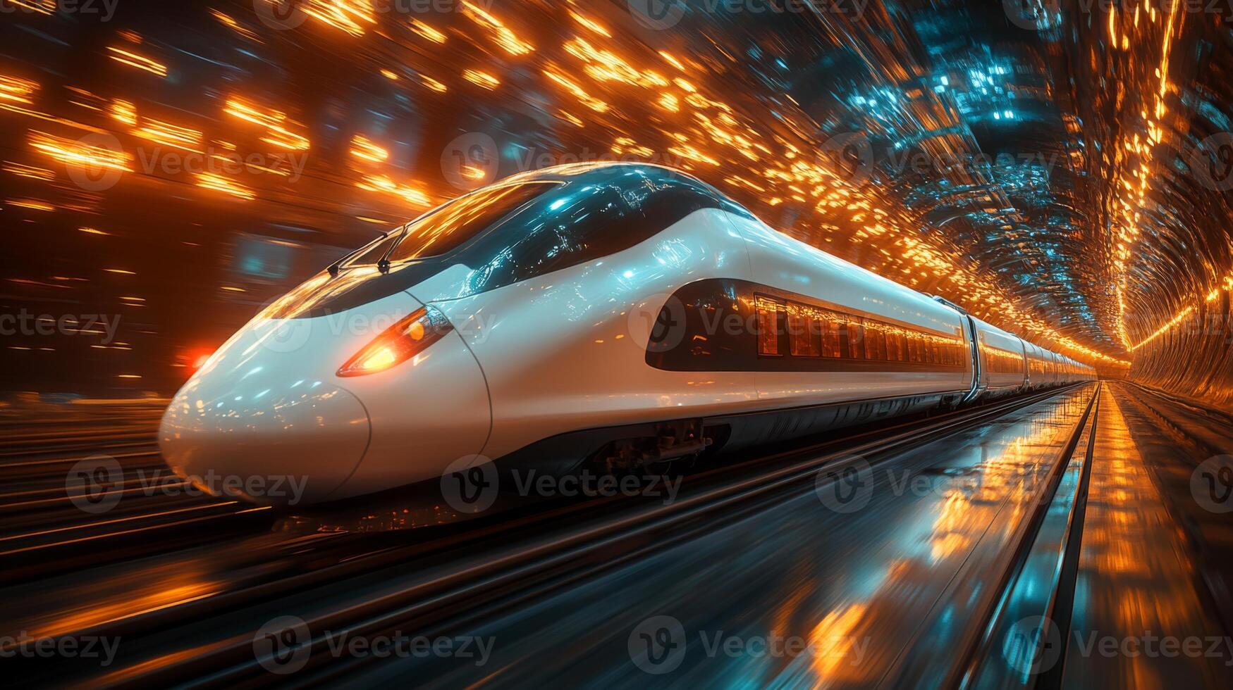 A sleek smarttrain moves swiftly through a high tech tunnel illuminated by dynamic lights, showcasing advanced automation and AI in modern transportation infrastructure. photo
