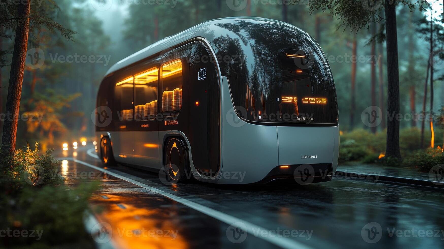 An autonomous delivery vehicle gracefully travels down a wet road surrounded by lush trees, illuminated lights reflecting off the pavement as dusk sets in. photo