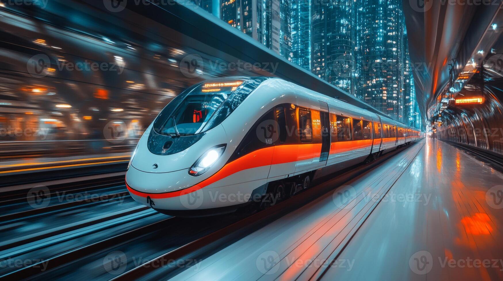 A sleek smart train glides along tracks in a bustling city, highlighting advances in logistics and AI driven transportation systems in a futuristic urban setting photo