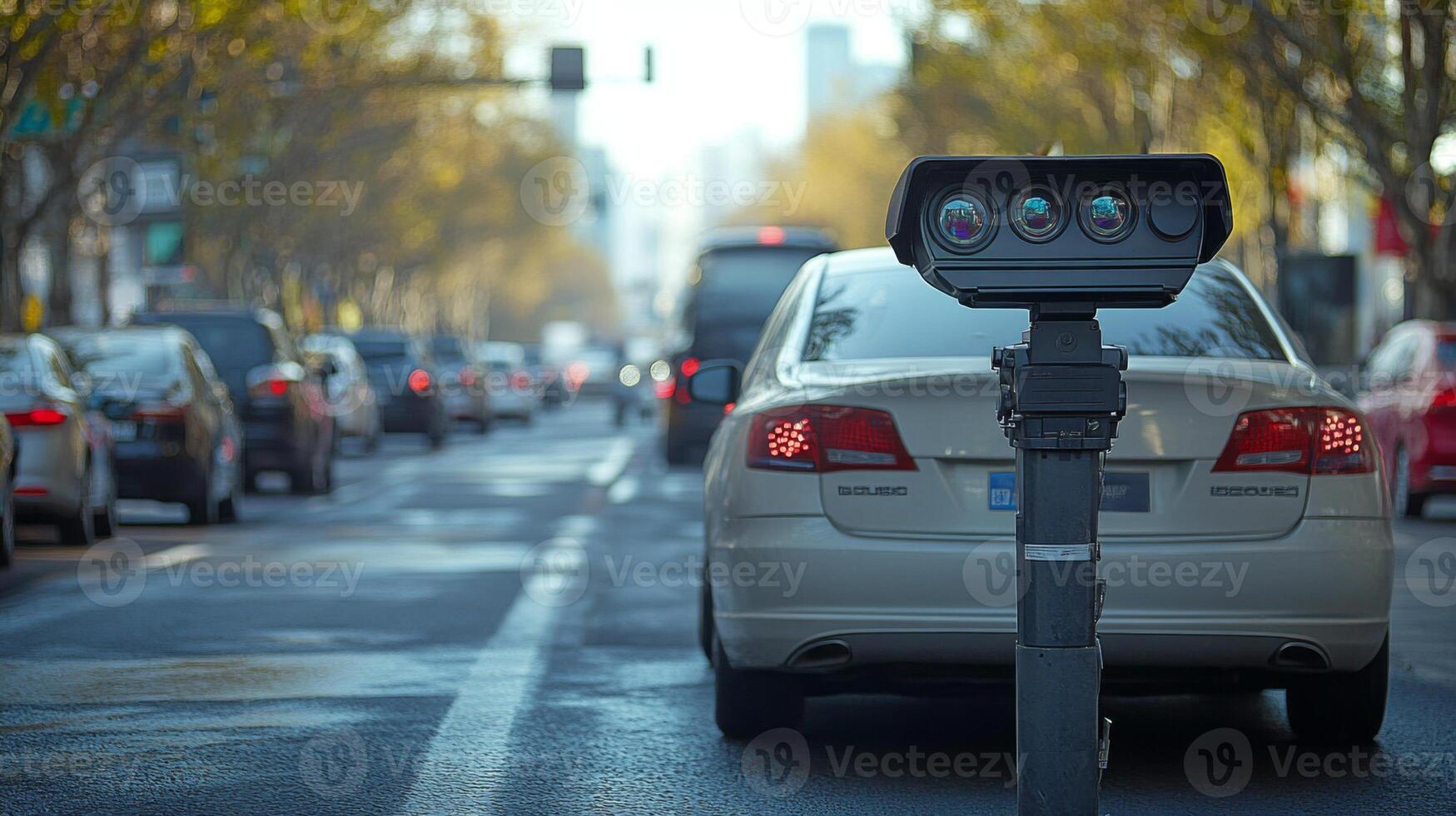 A traffic monitoring system stands on a city street, recording vehicle movements. Cars navigate the roadway, demonstrating the intersection of logistics, infrastructure, and technology. photo