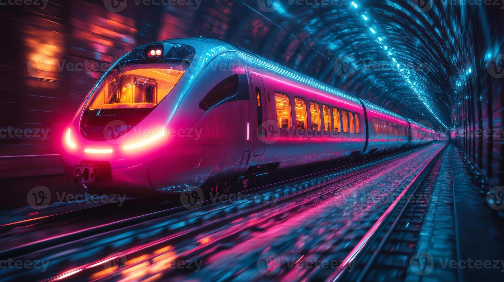 A sleek autonomous smart train glides through a vibrant underground tunnel, showcasing advanced transportation technology and automation in modern urban mobility. photo