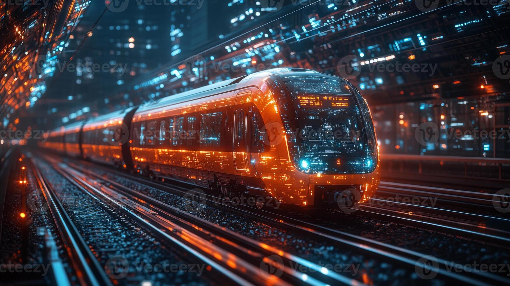 An autonomous train travels smoothly along illuminated tracks in a vibrant urban landscape at night, showcasing advanced logistics and automation in transportation infrastructure. photo