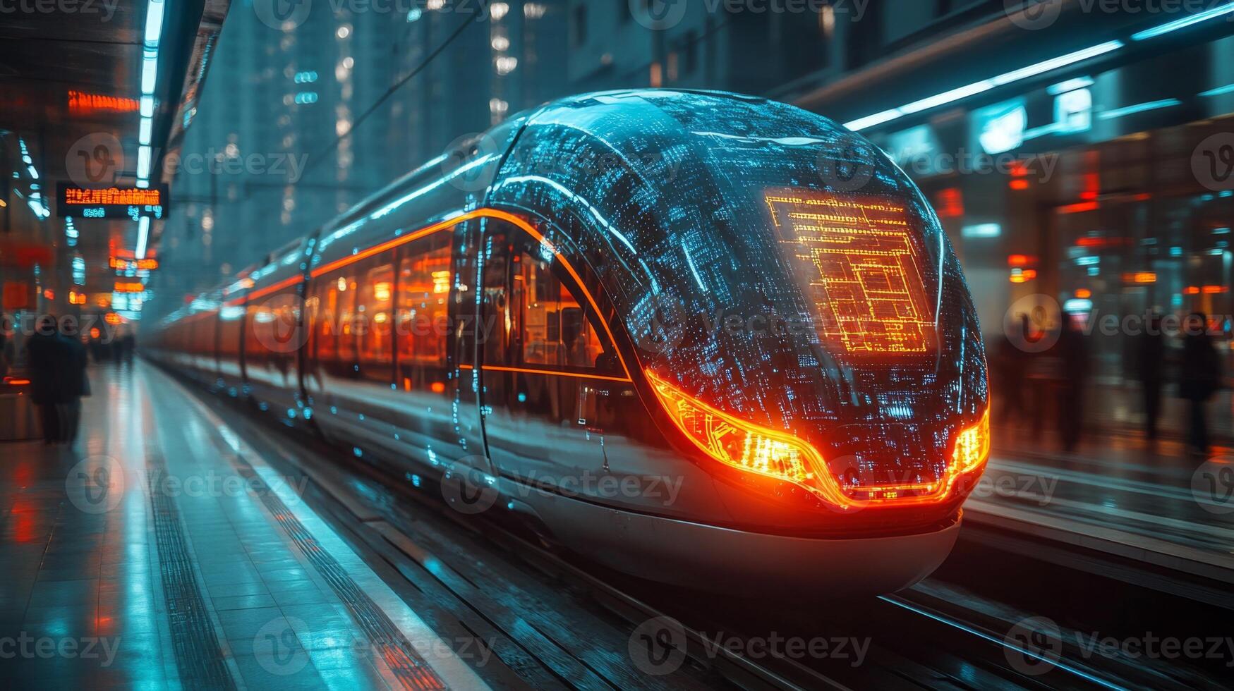 A smarttrain equipped with cutting edge technology waits at a bustling urban station, demonstrating a blend of automation, AI, and advanced mobility solutions in action. photo