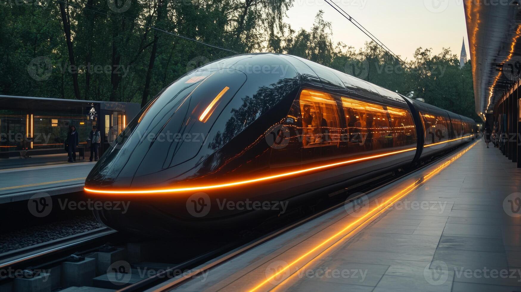 A sleek autonomous train waits at a modern station, glowing softly as commuters board. The scene highlights advancements in transportation infrastructure and mobility solutions. photo