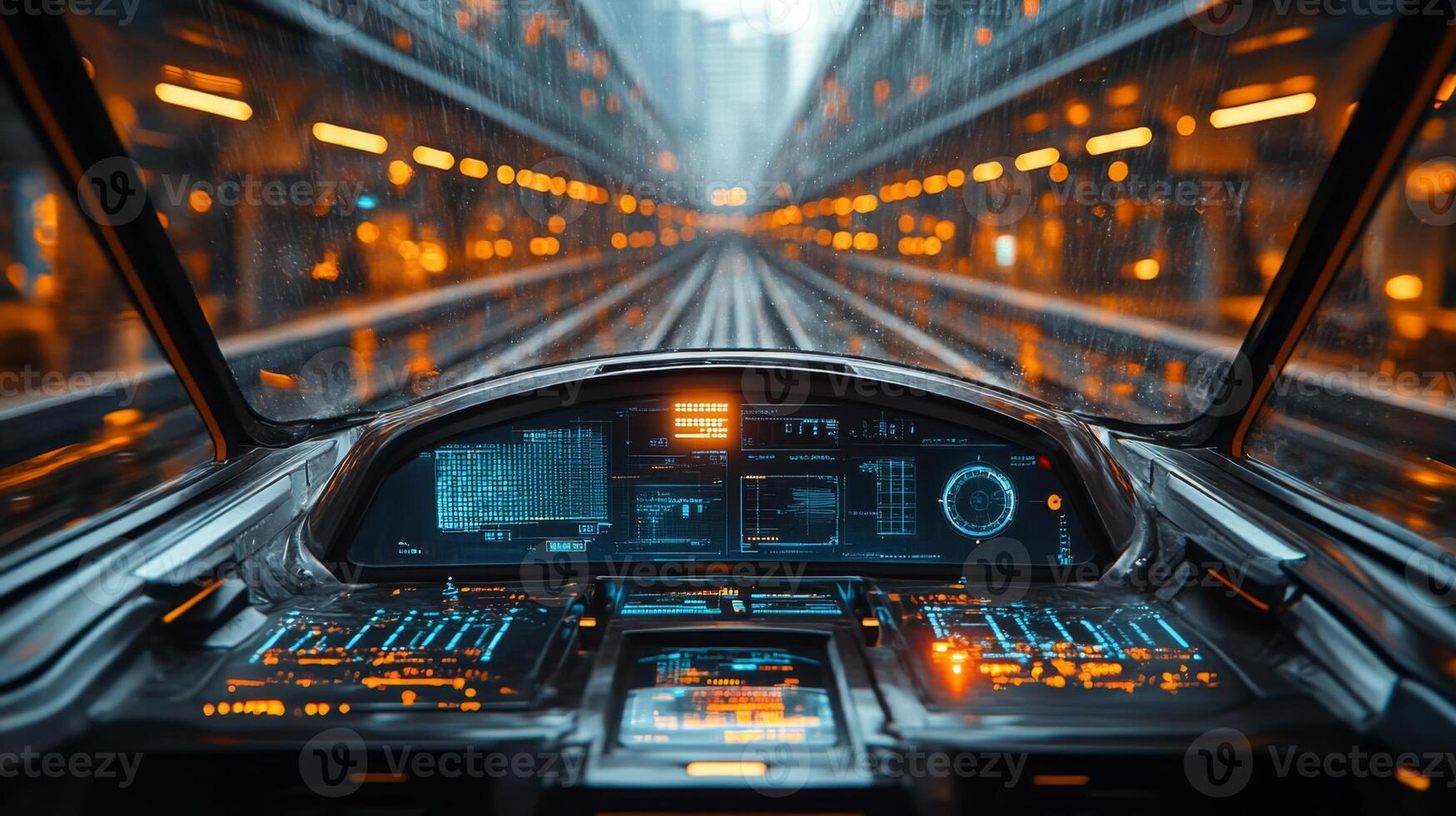A smart train's control system showcases advanced technology and automation within a streamlined urban infrastructure, highlighting the importance of mobility and efficiency during rain. photo