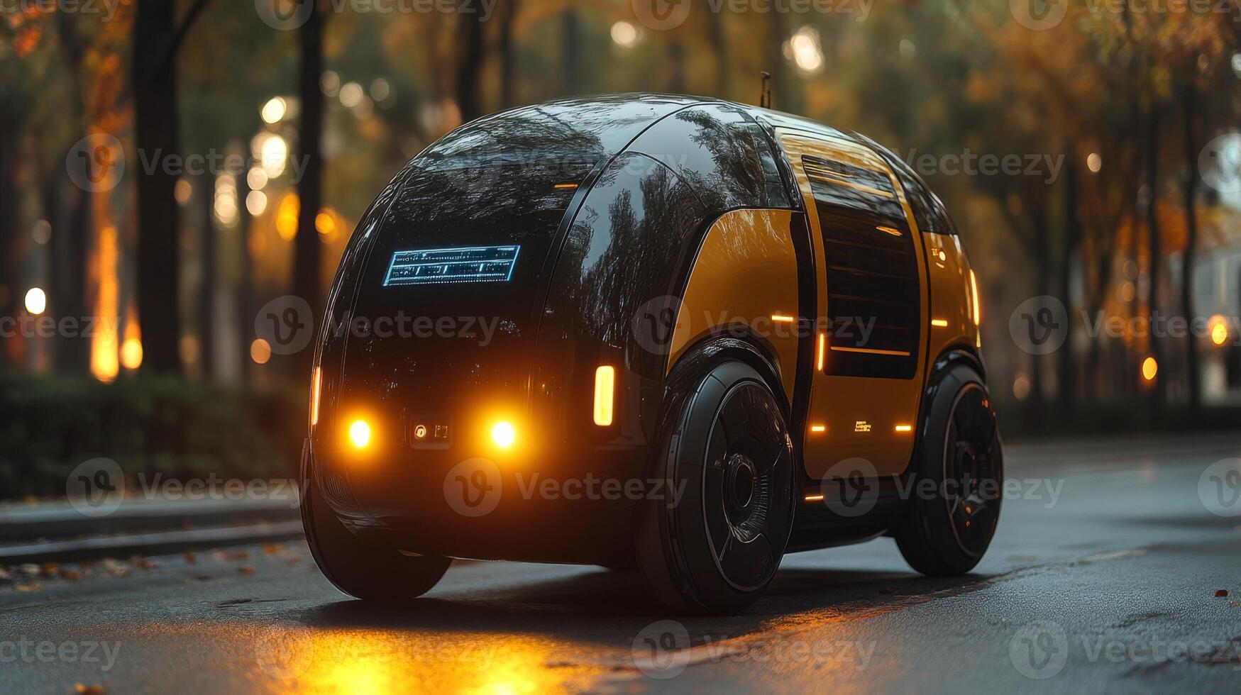 This autonomous delivery vehicle moves quietly along a tree lined street illuminated by autumn colors. Its unique design showcases modern logistics and technology. photo