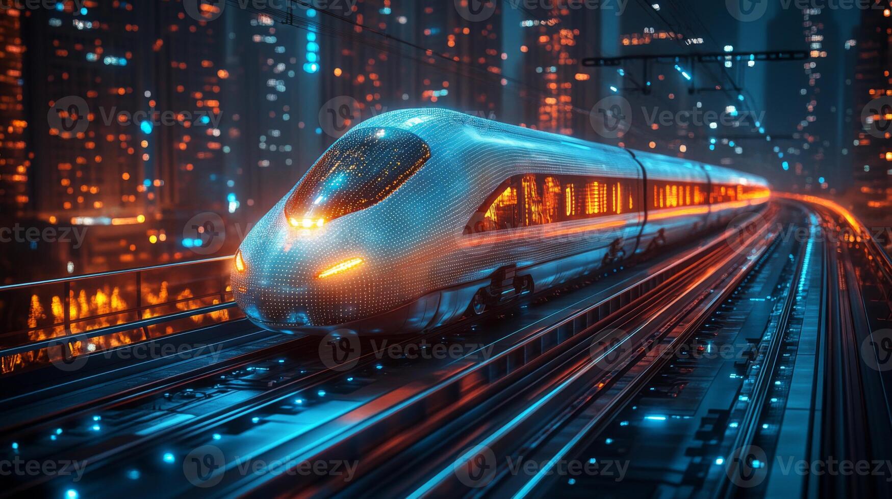 A sleek, autonomous train glides smoothly along tracks illuminated by city lights in a vibrant urban environment. Advanced technology enhances mobility and logistics. photo