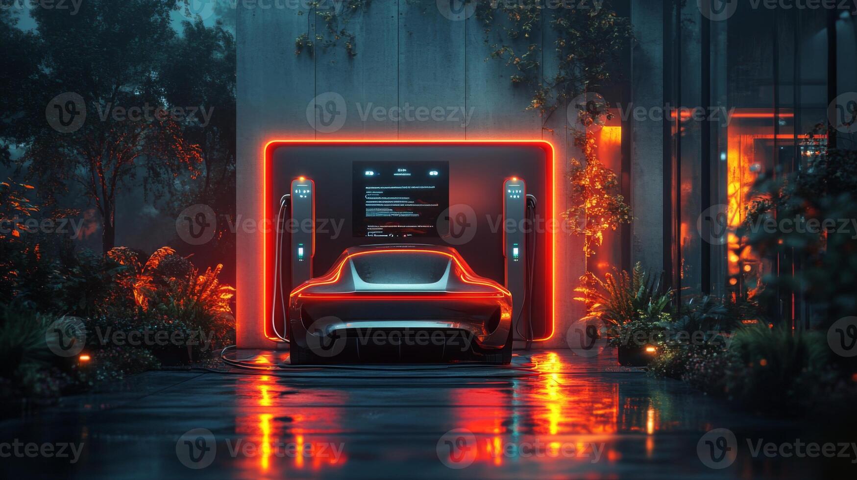 A sleek electric vehicle recharges at a contemporary charging station illuminated by neon lights. Lush plants surround the area, creating a futuristic urban atmosphere. photo