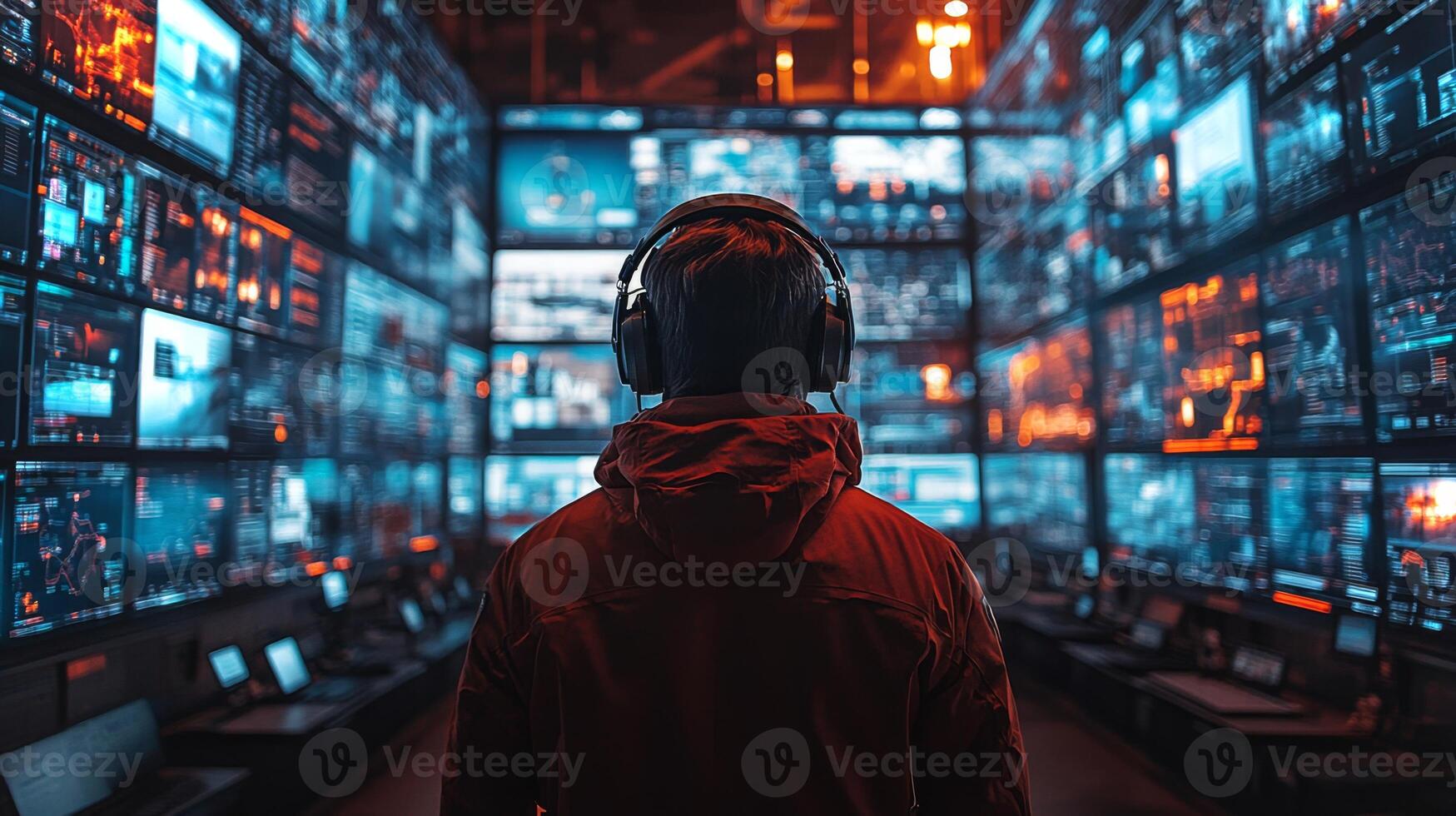 An operator monitors numerous digital screens in a control room showcasing logistics data and real time analytics, enhancing transportation and distribution efficiency. photo