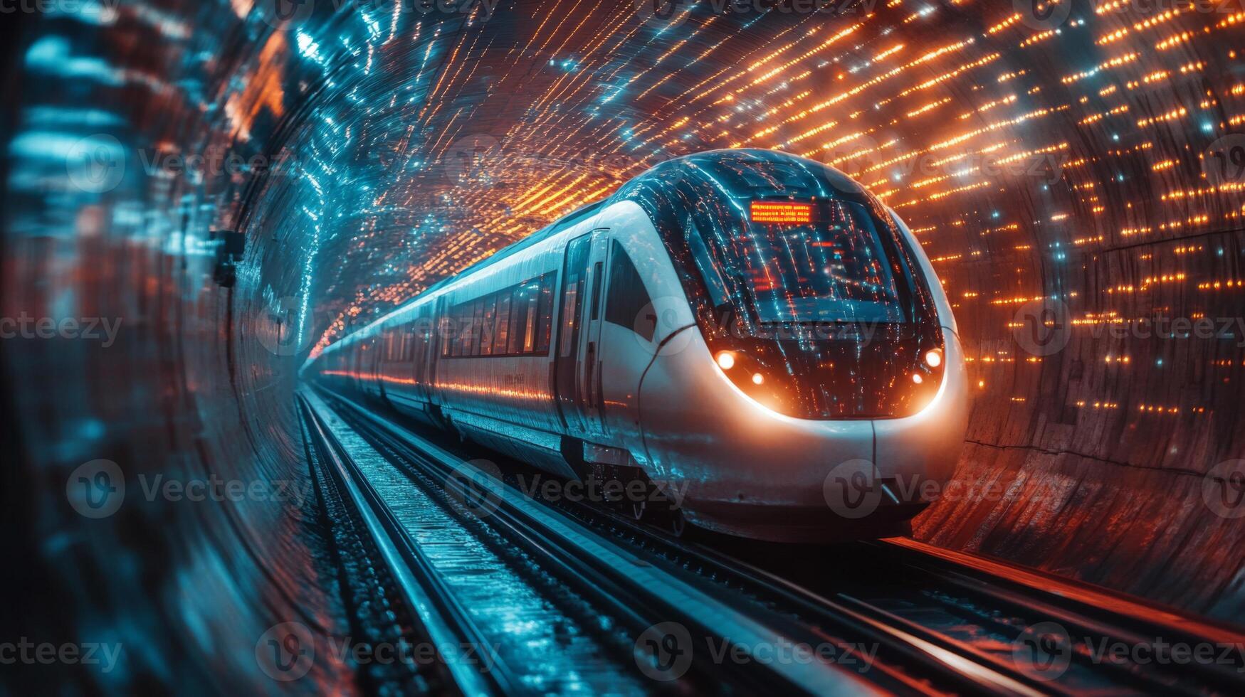 A smarttrain speeds through a high tech tunnel filled with colorful lights, representing innovations in transportation and automation, showcasing future mobility solutions in efficient systems. photo