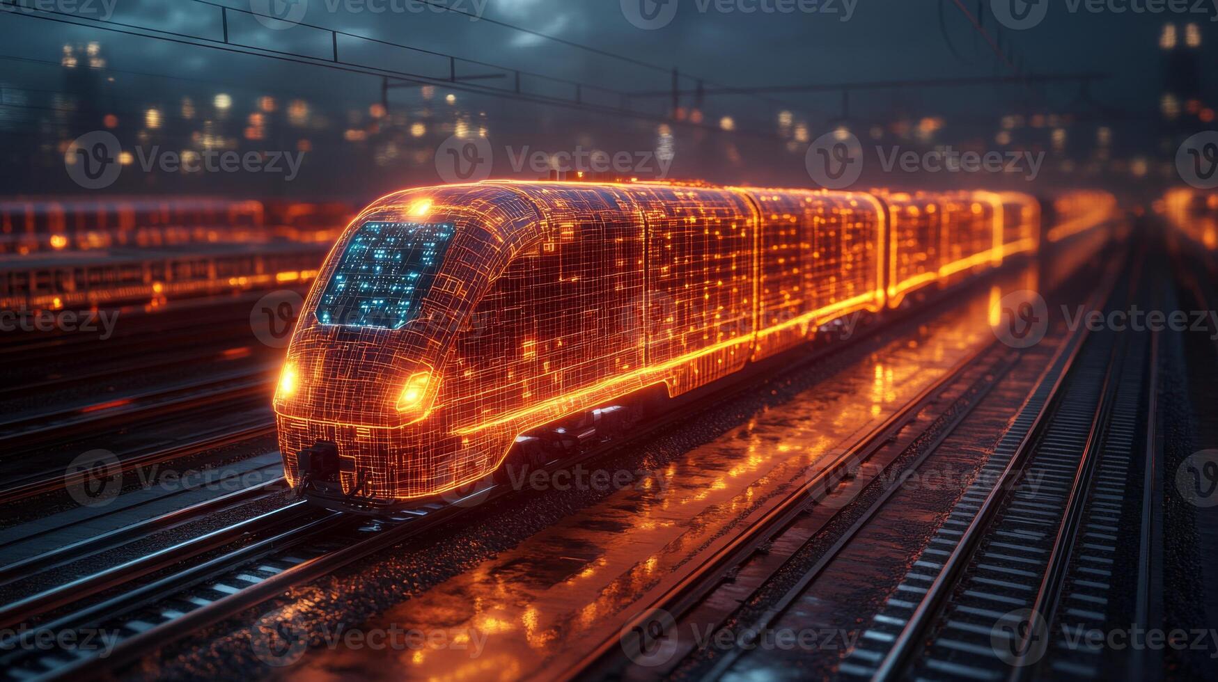 A futuristic smarttrain illuminated by a glowing design stands on the tracks in an urban setting at dusk, showcasing cutting edge transportation technology and automation systems. photo