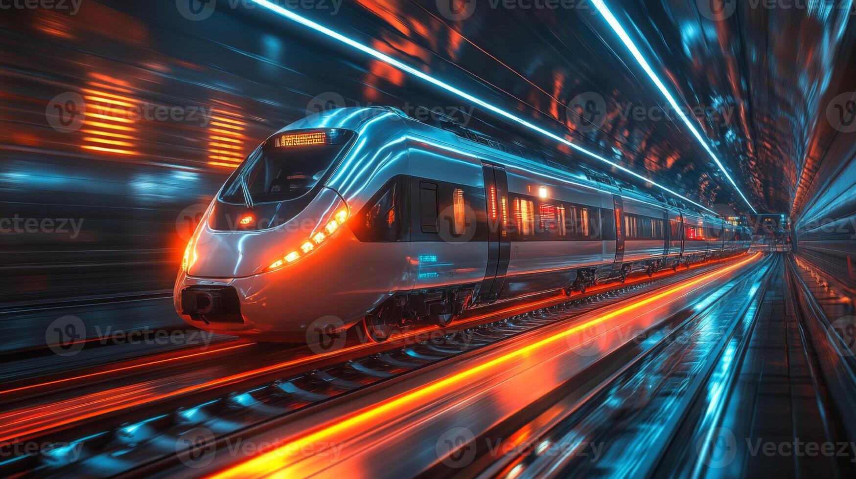 A sleek, modern smarttrain navigates a well lit urban transport tunnel. Bright lights streak past as it moves swiftly along the tracks, showcasing innovations in mobility and automation. photo