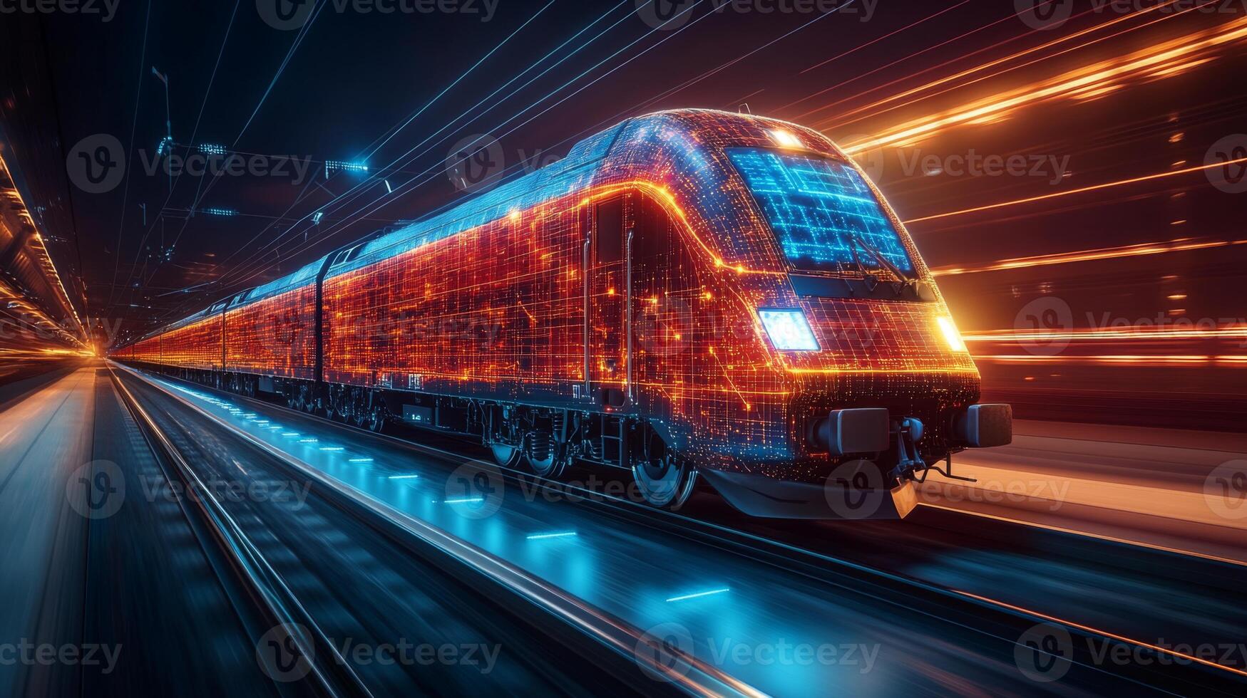 High speed smart train equipped with advanced automation technology is traveling rapidly on urban rails at night. The train showcases vibrant digital patterns representing connectivity. photo