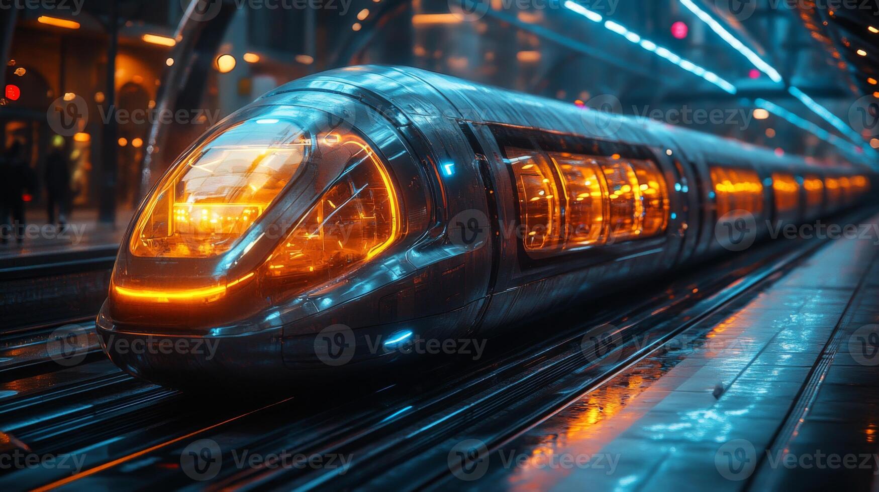 High tech smart train waits at a futuristic urban station, showcasing advanced automation and infrastructure designed for efficient transportation and mobility solutions photo