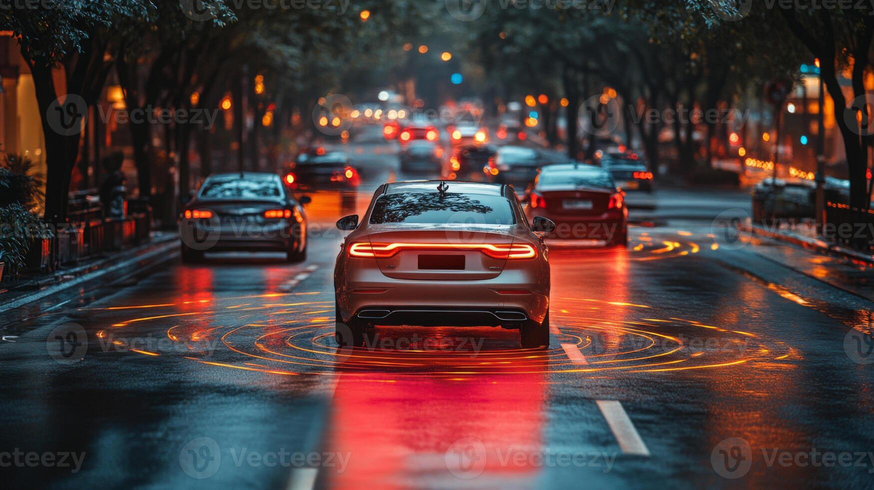Multiple vehicles navigate a busy urban roadway, illuminated by colorful city lights and showcasing advanced connectivity technologies. The atmosphere reflects a blend of innovation and mobility. photo
