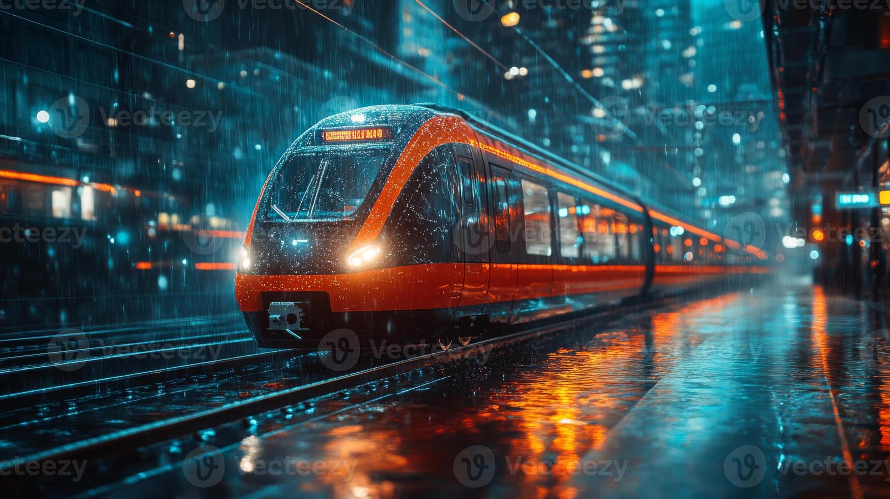 A sleek autonomous train moves smoothly on tracks, illuminated by city lights, while rain creates reflective patterns on the wet surfaces, emphasizing modern transportation solutions. photo