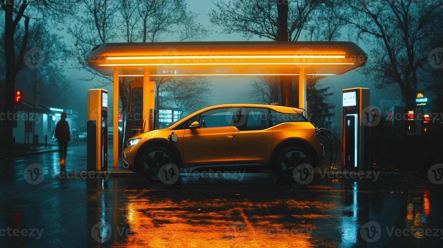 A bright electric vehicle charging station stands out on a rainy night, with a sleek car plugged in, showcasing advanced infrastructure and sustainable mobility options in a vibrant city. photo