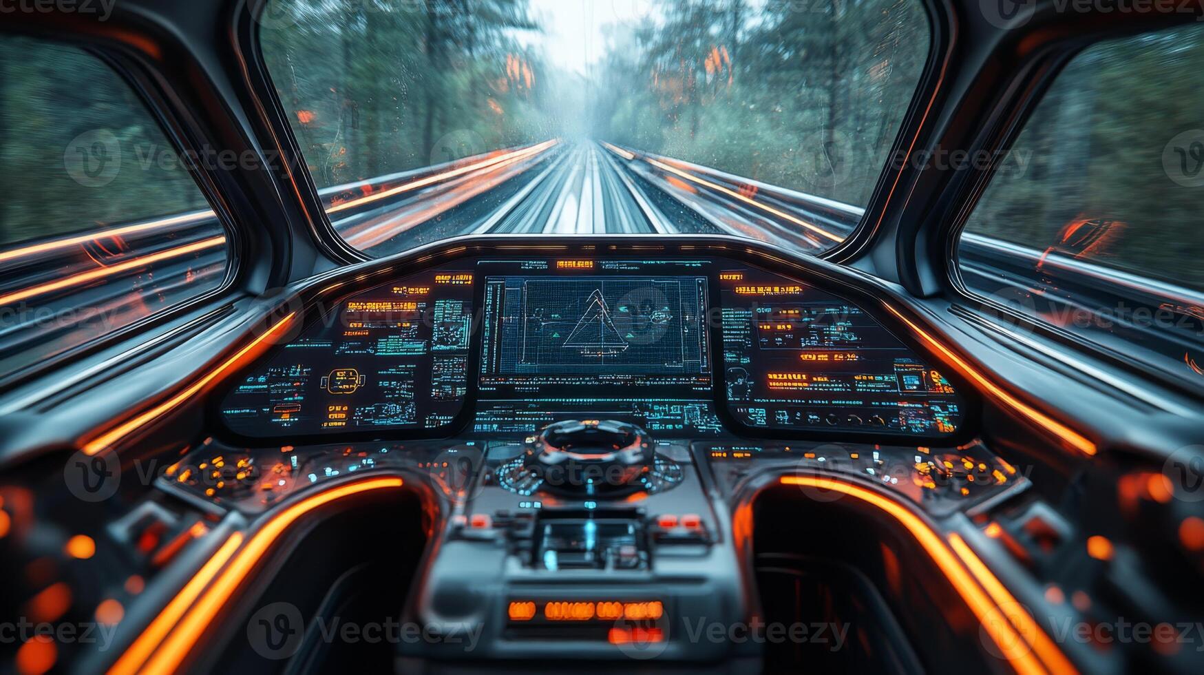 Inside the cockpit of a high tech smart train, advanced interfaces illuminate, highlighting a cutting edge control system focused on optimizing logistics and transportation. photo