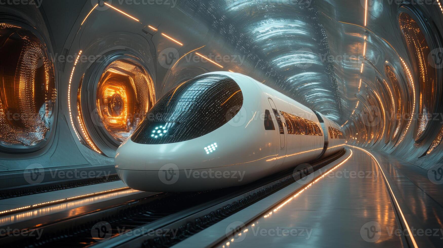 A sleek automatic train glides through an advanced transportation tunnel featuring innovative infrastructure and smart technology, emphasizing mobility and automation for the future. photo