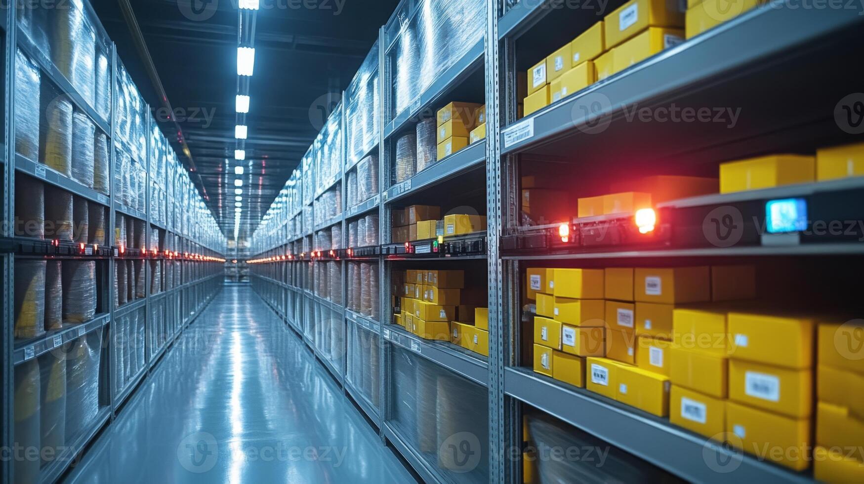 Automated warehouse showcasing neatly arranged yellow packages on shelves, optimized for distribution and logistics efficiency, with illuminated pathways for smooth operations. photo