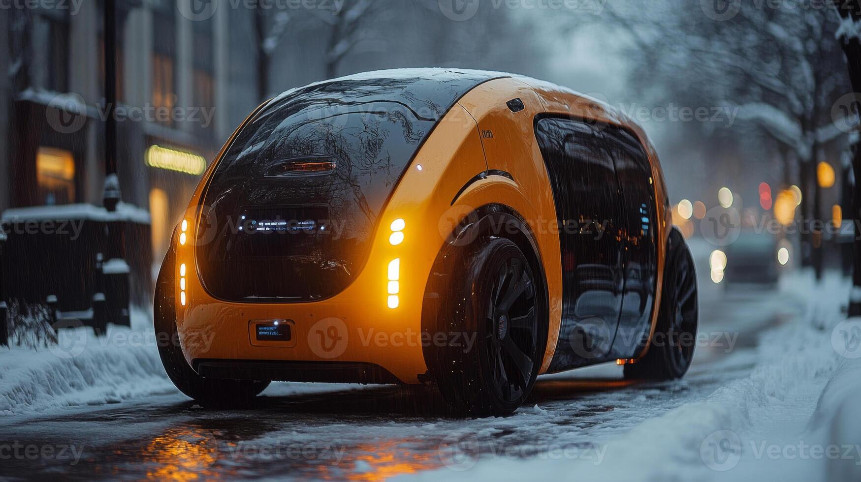 An advanced autonomous delivery vehicle moves through a snowy urban street, illuminated by city lights as night falls. The futuristic design showcases its capabilities in winter weather conditions. photo