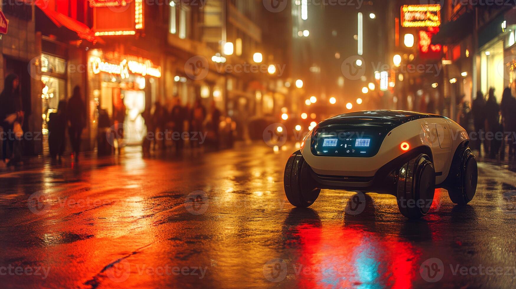 A delivery robot operates on wet pavement in a bustling city at night. Neon lights reflect off the ground while people walk nearby, showcasing advanced mobility technology in urban logistics. photo