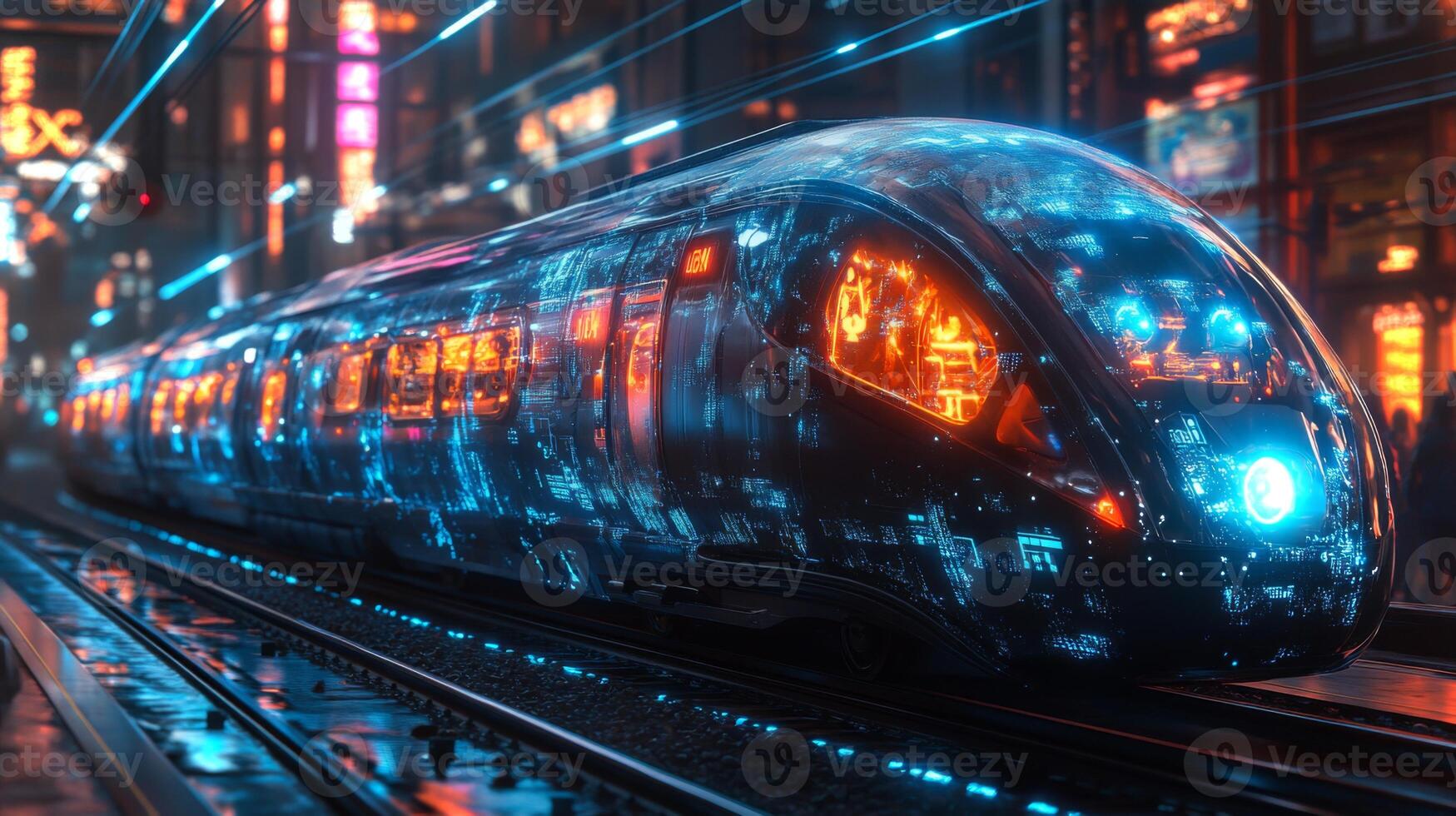 A smarttrain designed with cutting edge technology stands on tracks illuminated by city lights. The exterior features glowing patterns, symbolizing automation and connectivity in urban mobility. photo