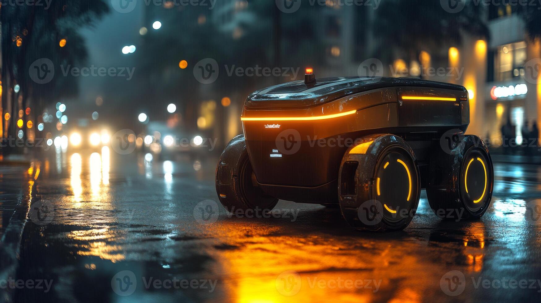 A delivery robot moves carefully along a wet city street during nighttime. Lights reflect on the pavement as it embodies advanced logistics and automation in urban settings. photo