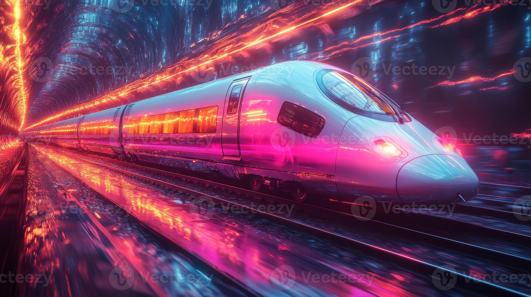A sleek smart train travels rapidly through a glowing tunnel, illuminated by colorful lights reflecting off the tracks, highlighting the future of logistics and mobility technology. photo