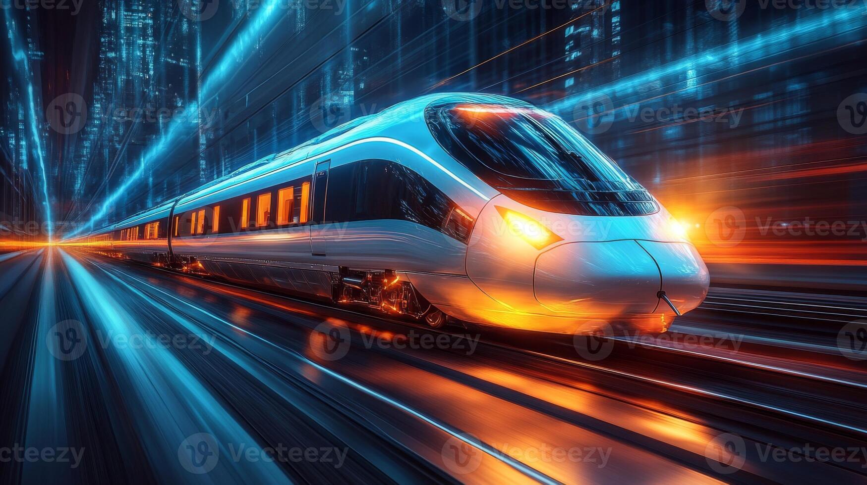 A sleek, high speed train travels rapidly along illuminated tracks in a modern urban landscape during twilight, showcasing advanced mobility and automation technologies in transportation. photo