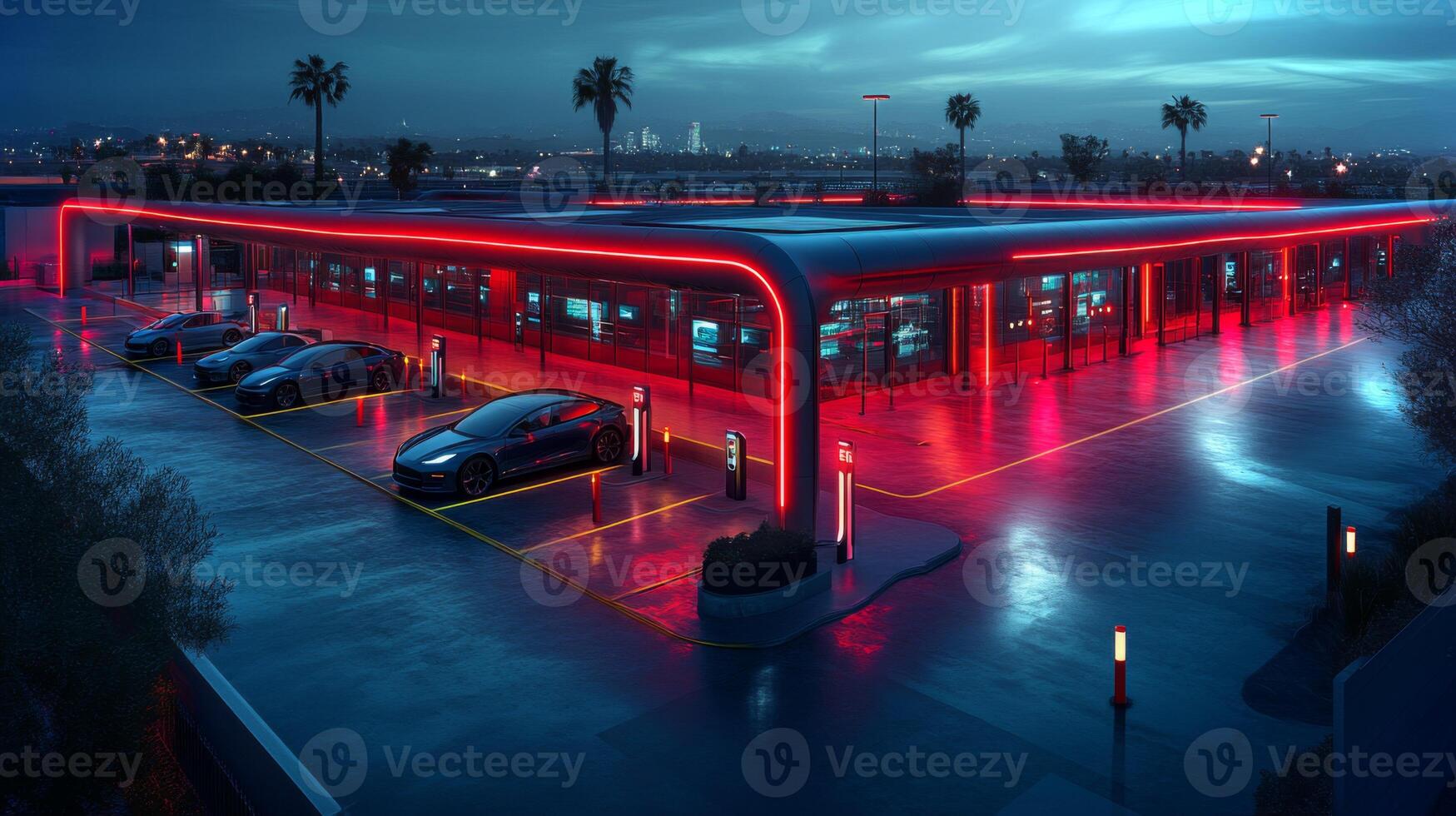 A sleek electric vehicle charging station stands brightly lit at night, featuring futuristic architecture and a focus on renewable energy solutions, surrounded by palm trees. photo