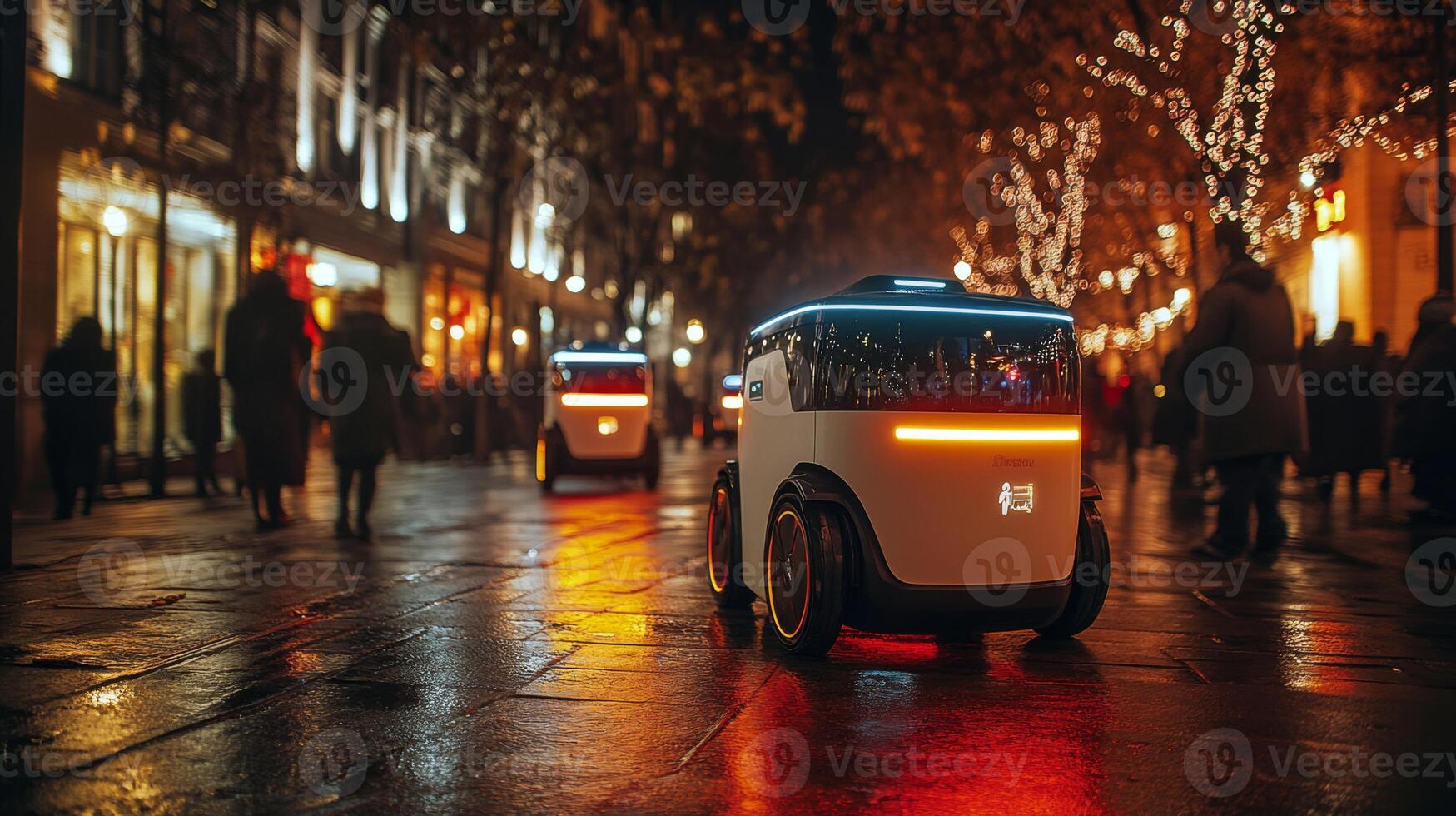 Two autonomous delivery robots move along a crowded urban street illuminated by festive lights, demonstrating advanced logistics and mobility solutions during nighttime activity. photo