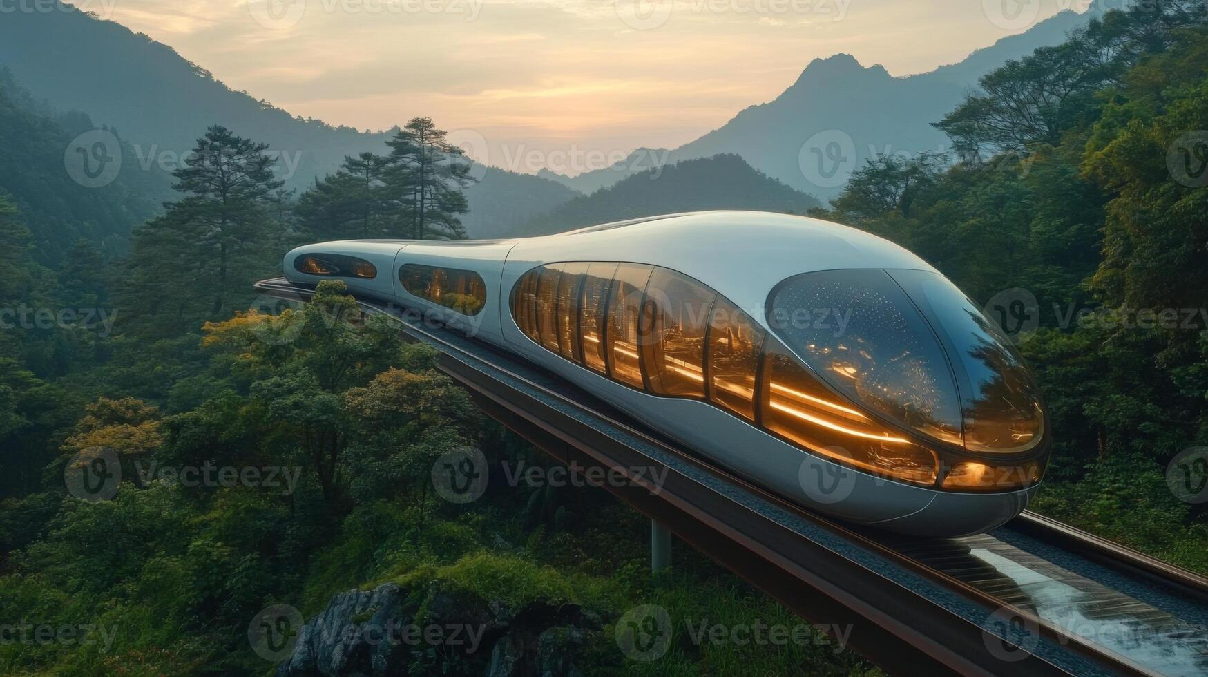 A futuristic smart train glides smoothly along raised tracks in a lush mountainous region as the sun sets, showcasing advanced automation and elegant design amidst vibrant nature. photo