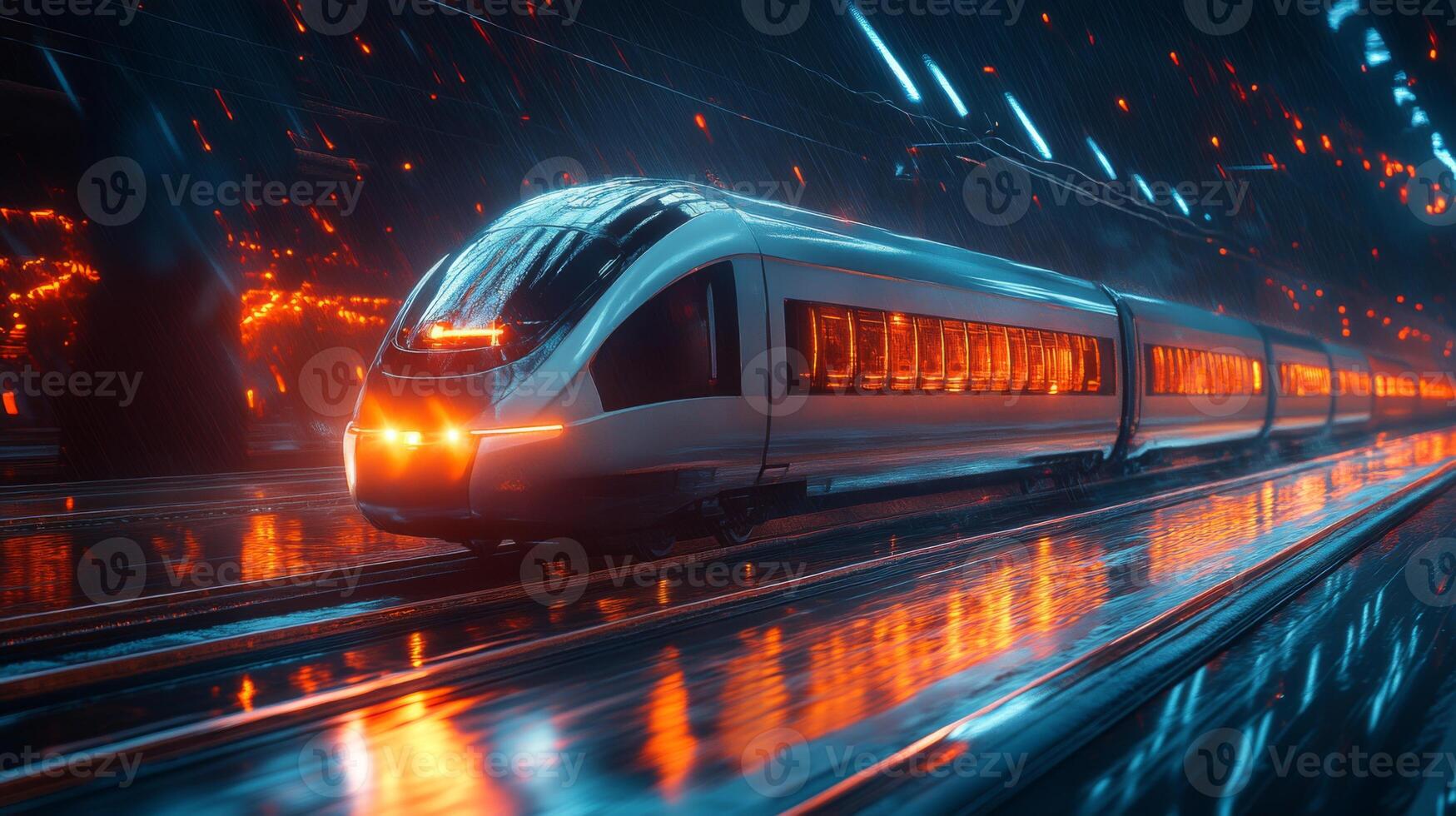 A cutting edge train sits in a vibrant underground station filled with glowing lights and advanced technology, emphasizing automation and smart infrastructure in modern mobility systems. photo