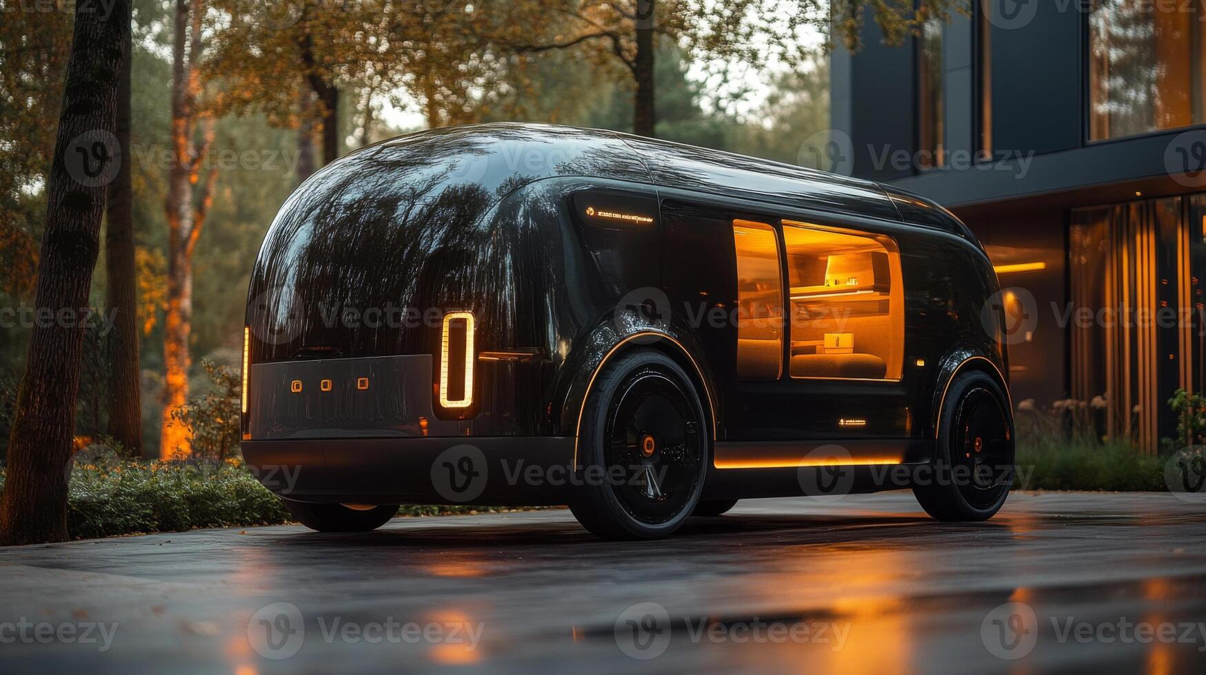 A sleek, futuristic delivery vehicle stands by a contemporary house, utilizing advanced technology for efficient last mile logistics and transportation. photo