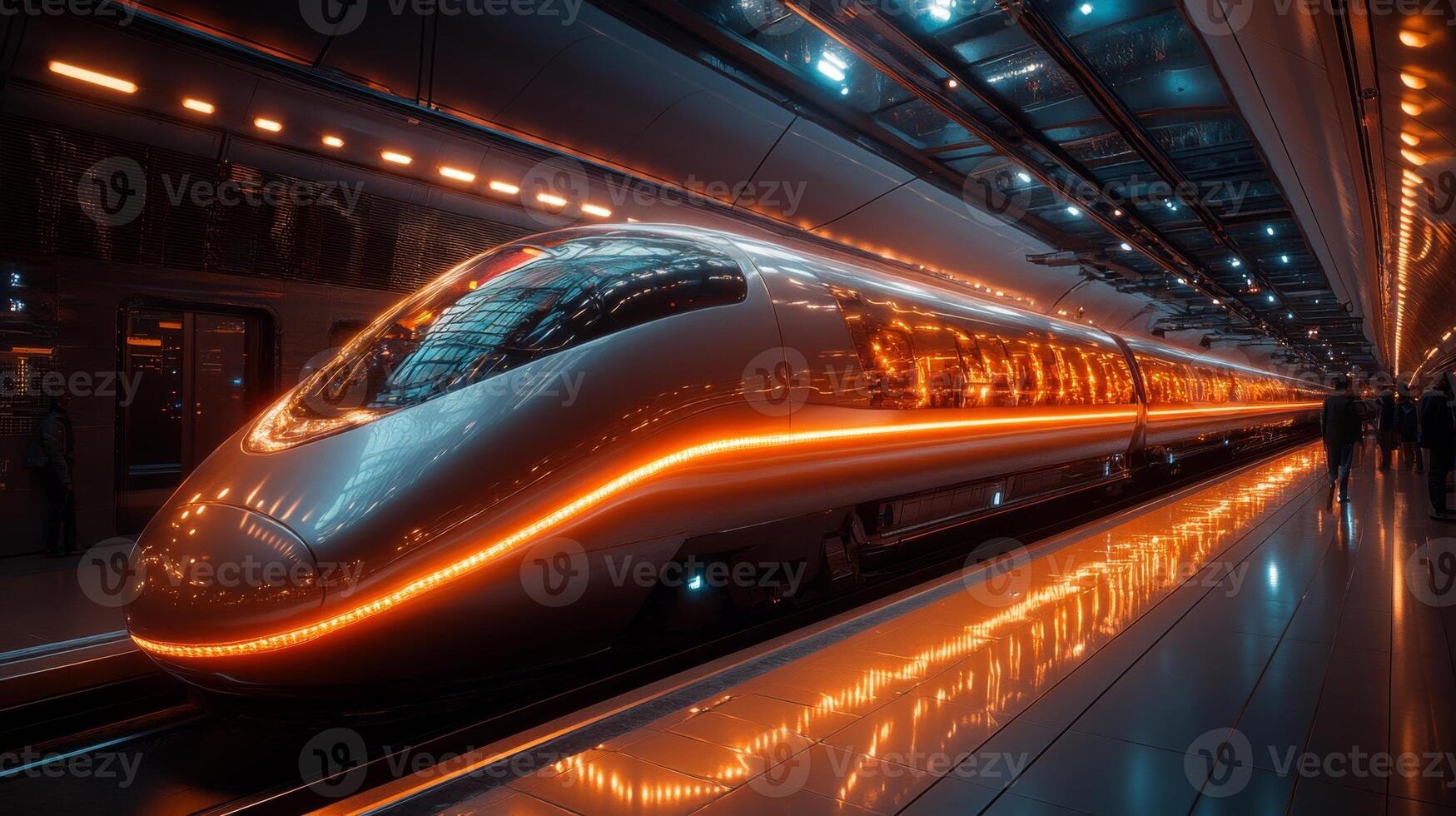A sleek high speed train is stationed at a contemporary transport hub, illuminated by bright lights. Passengers and automated systems enhance mobility and efficiency in transportation. photo