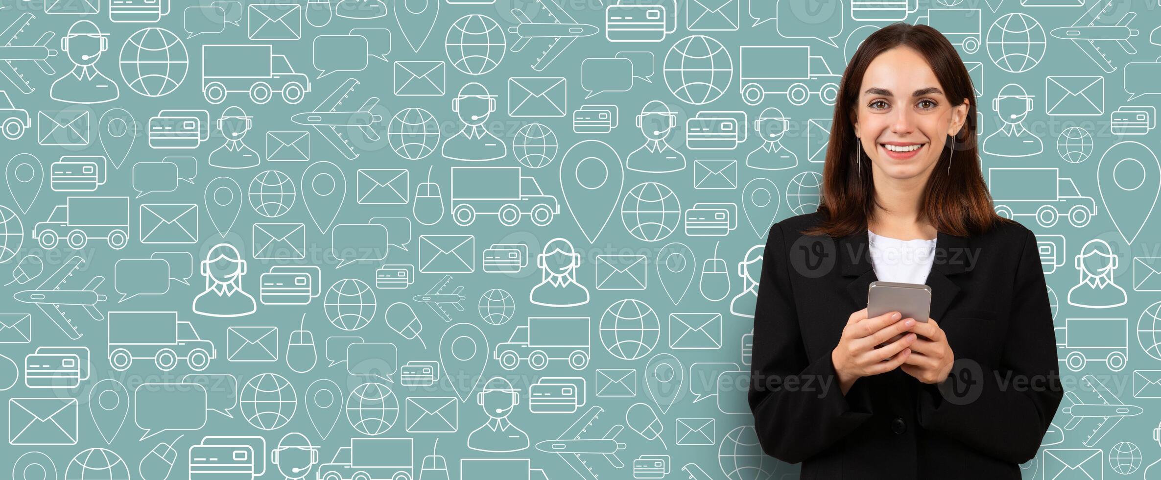 A customer engages with an online shopping app on a smartphone while standing against a background filled with delivery and commerce icons. The setting conveys a modern retail experience. photo