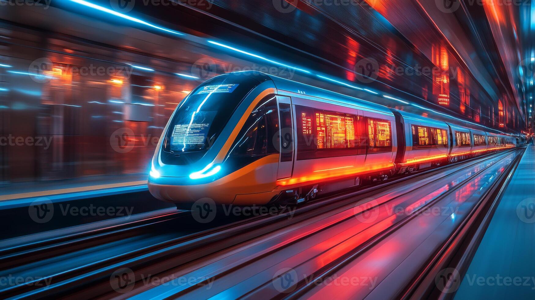 A smarttrain glides seamlessly along tracks within a bustling urban transportation hub, showcasing advanced automation and AI technology that revolutionizes mobility and infrastructure. photo