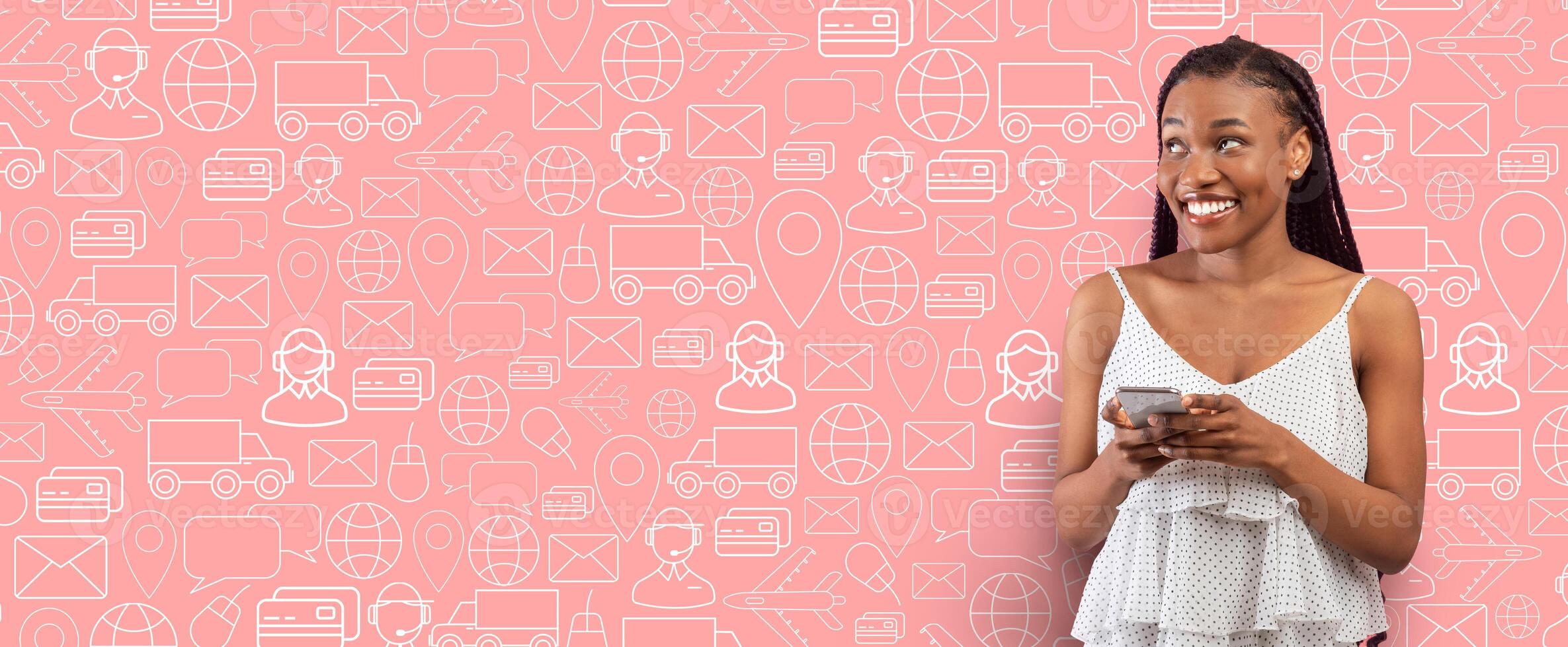 A satisfied buyer smiles while using a smartphone to shop online. The background features various icons related to e-commerce and delivery services, creating a vibrant atmosphere for commerce. photo