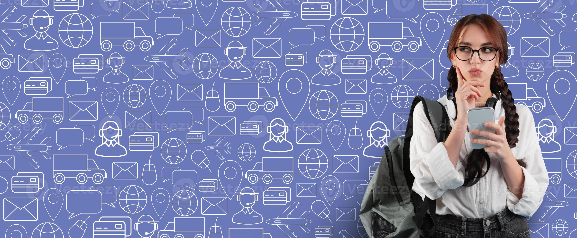 A buyer uses a smartphone for online shopping, contemplating their purchase. The background features icons representing delivery services and communication tools, creating an engaging atmosphere. photo