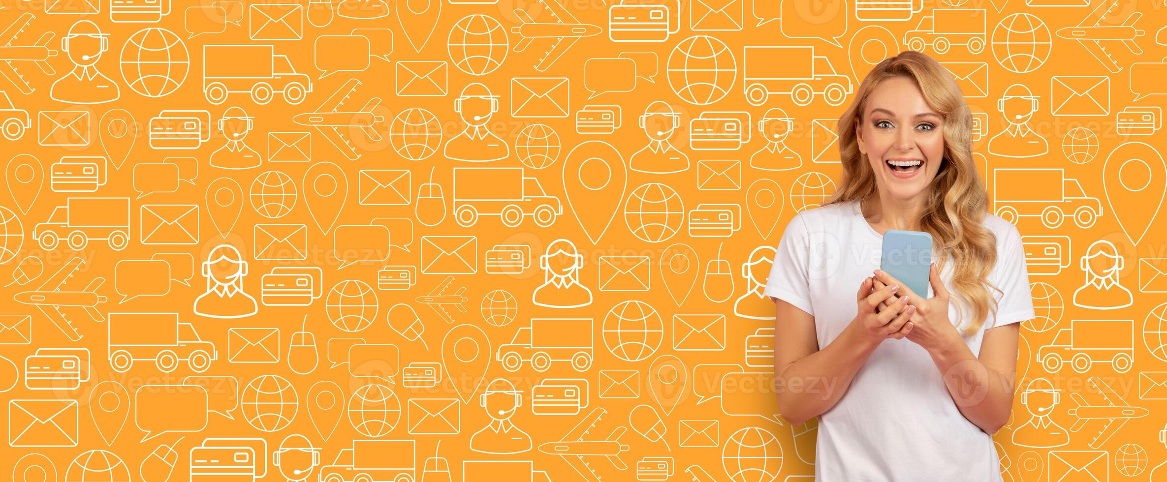 A delighted buyer browses an online store using a smartphone, surrounded by a vibrant background filled with delivery icons and shopping symbols, representing modern commerce. photo