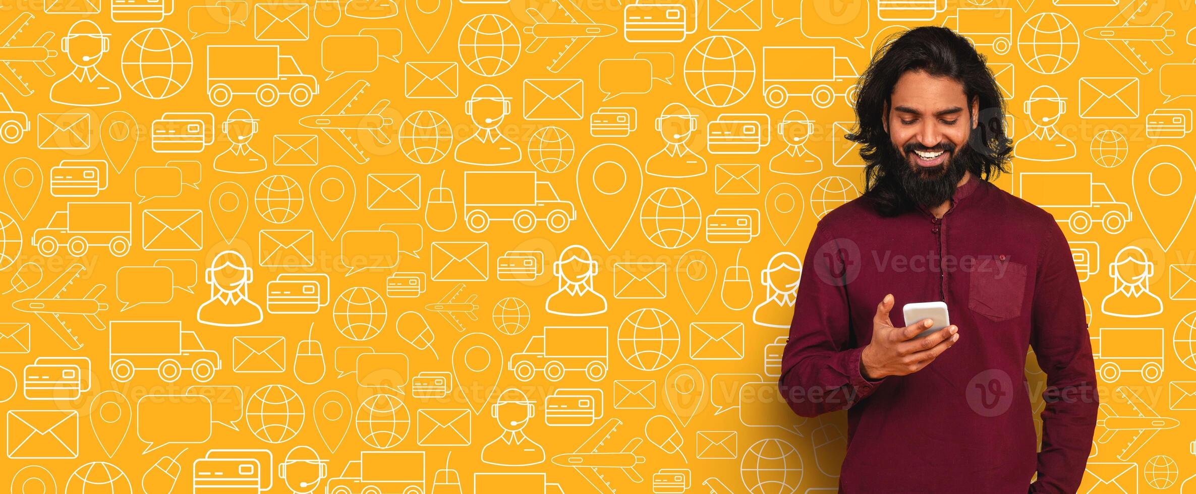 A customer smiles while browsing an online store on their smartphone. The lively background features delivery icons and commerce symbols, highlighting the shopping experience. photo