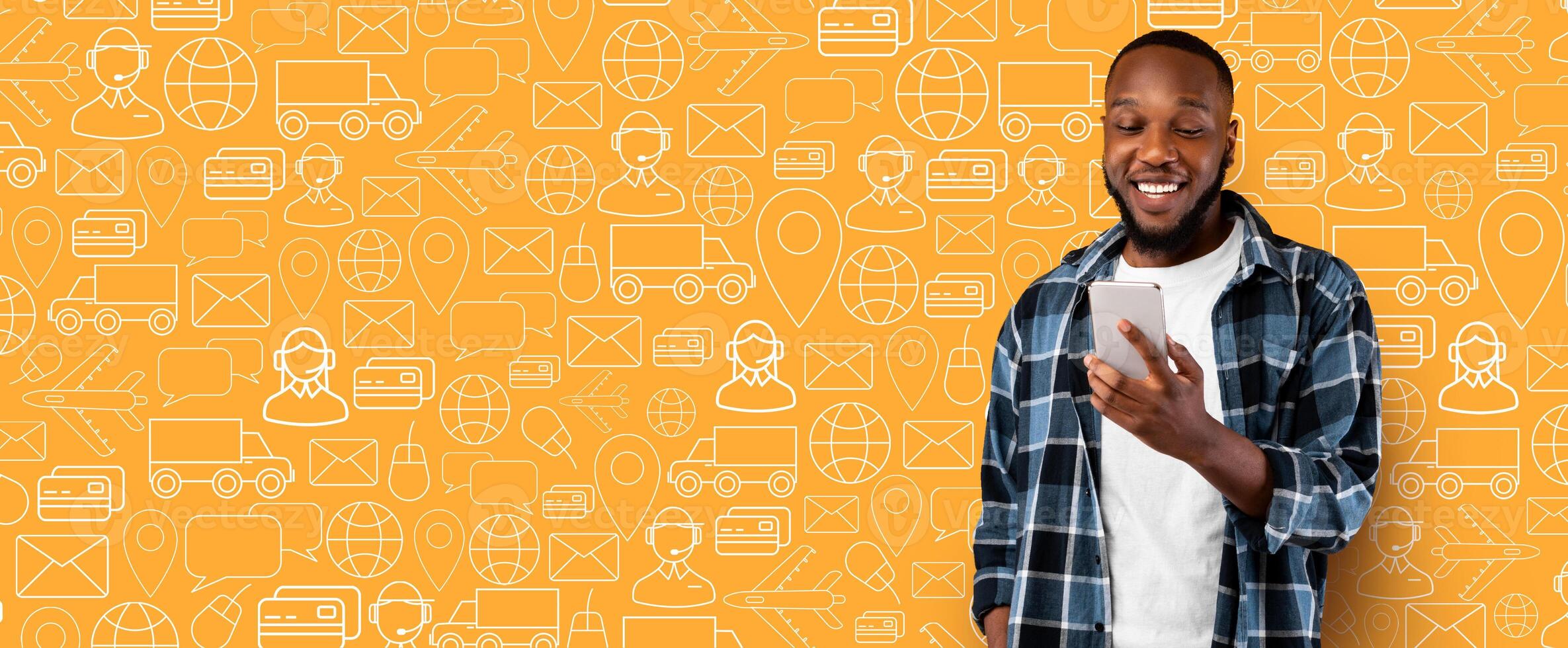 A joyful buyer engages with a smartphone to explore an online shopping application. The warm background showcases delivery-related icons representing commerce and customer service. photo