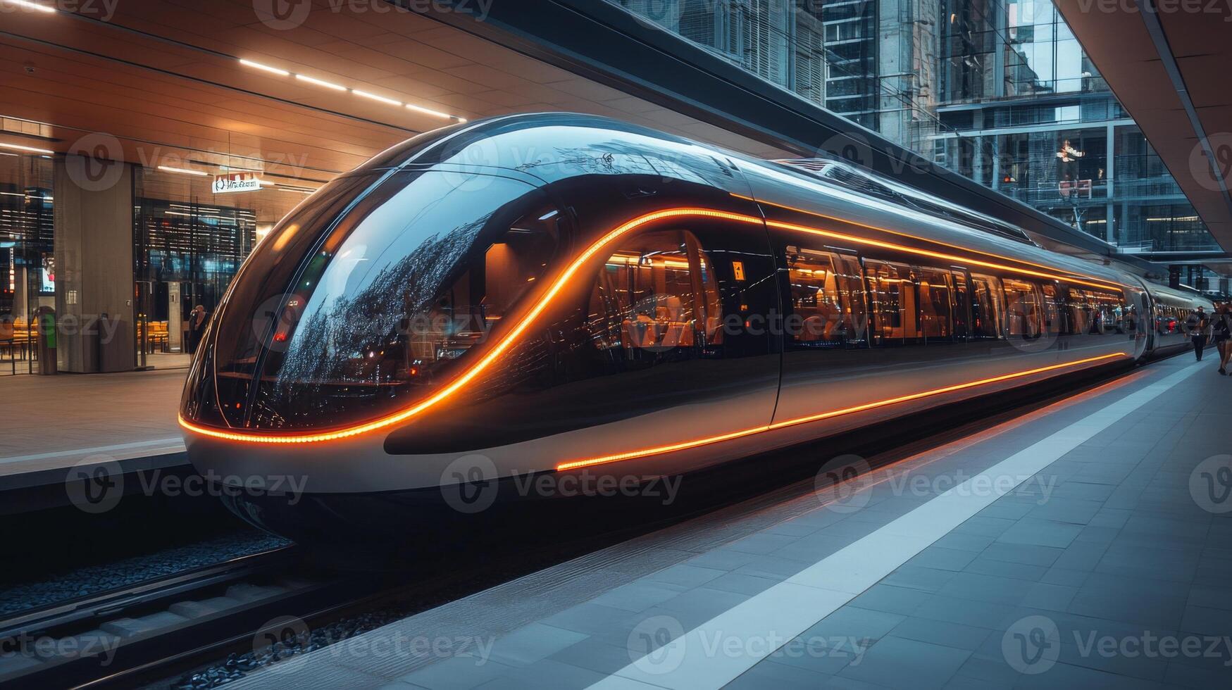 A sleek smarttrain awaits passengers at a high tech urban station, highlighting innovations in automation, mobility, and AI driven transportation solutions. photo